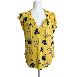 Lauren Ralph Lauren Womens Top Floral Ruffle Sleeve Linen Blend Yellow Size XL